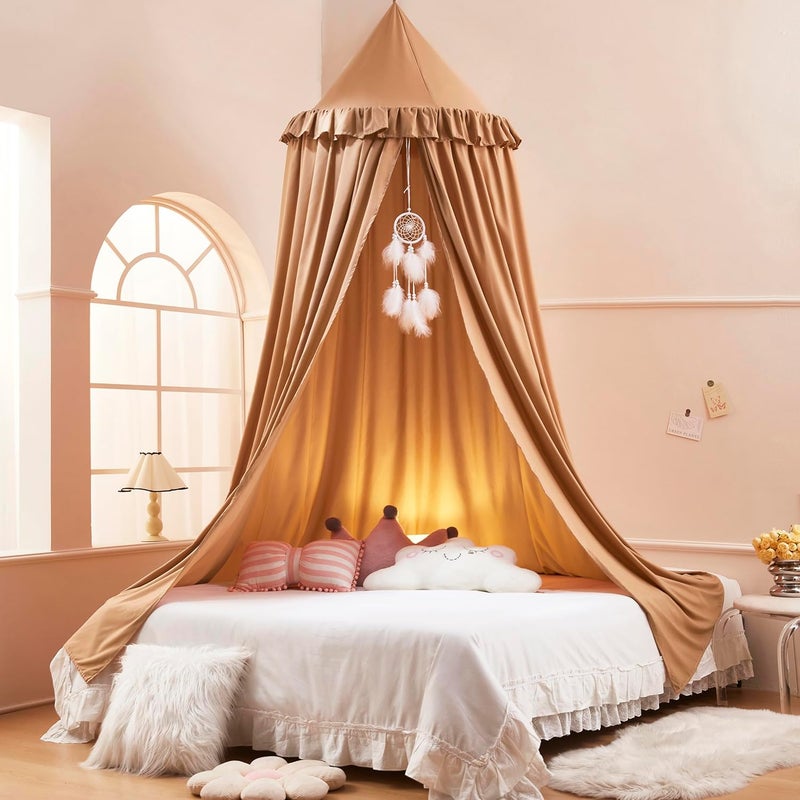 Akiky Kids Bed Canopy for Crib & Twin Size with Ruffles Dreamcatcher, Boys Princess Girls Nursery Room Decor Toddler Baby Dome Round Hanging Tent Curtains Skirt Over Bed Reading Nook Play Nougat - Image 1